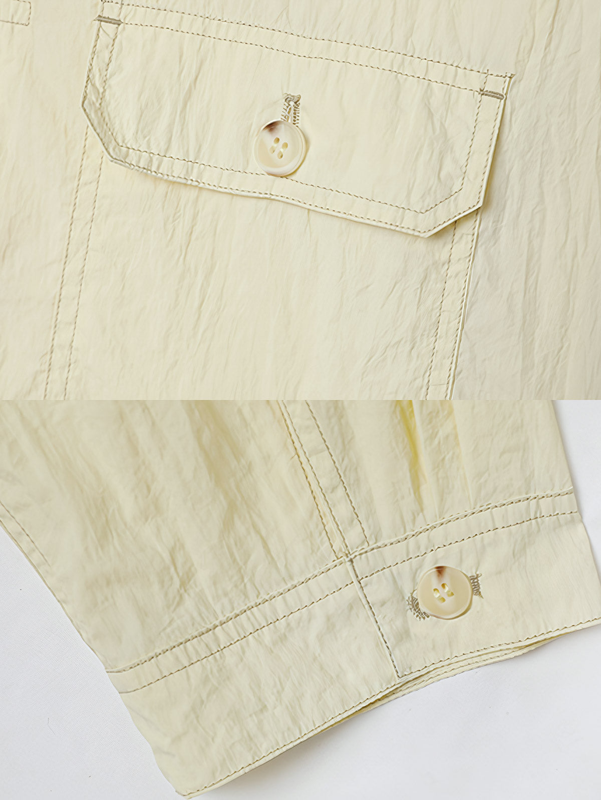 製品画像: UPF50+ 軽量サンプロテクションナイロンジャケットの全体展示。レトロなカーゴスタイルと現代的な機能性が融合したデザイン。紫外線対策と撥水機能を備えた軽量素材が、快適さと耐久性を提供し、夏のアウトドアや日常的な使用に最適なジャケットです。
詳細画像: UPF50+の高い紫外線防止効果を持つナイロン素材と、デザイン性の高いカーゴポケット部分のディテール特写。通気性があり、撥水性にも優れ、長時間の使用でも快適に過ごせるよう設計されています。