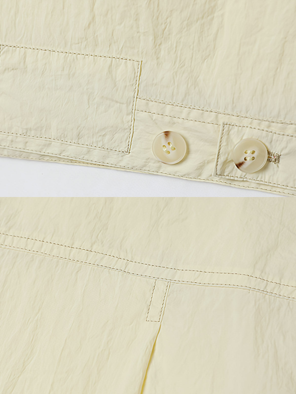 製品画像: UPF50+ 軽量サンプロテクションナイロンジャケットの全体展示。レトロなカーゴスタイルと現代的な機能性が融合したデザイン。紫外線対策と撥水機能を備えた軽量素材が、快適さと耐久性を提供し、夏のアウトドアや日常的な使用に最適なジャケットです。
詳細画像: UPF50+の高い紫外線防止効果を持つナイロン素材と、デザイン性の高いカーゴポケット部分のディテール特写。通気性があり、撥水性にも優れ、長時間の使用でも快適に過ごせるよう設計されています。