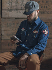 刺繍パッチ付きガソリンスタンドワークシャツ