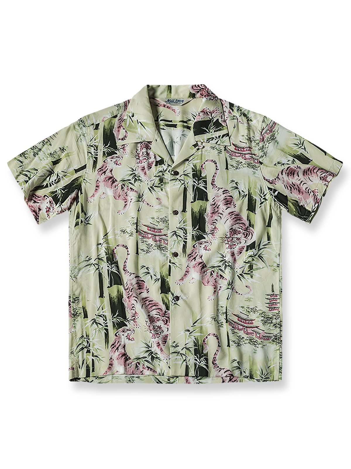 浮世絵竹林タイガー柄キューバカラー半袖シャツの全体像を示し、その独特なパターンと色使いが強調されています。