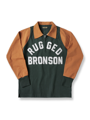 レトロモーターサイクルレース長袖Tシャツ全体像、ツートンカラーデザインとTalonジッパーを強調しています。