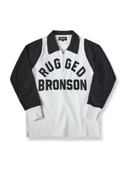 レトロモーターサイクルレース長袖Tシャツ全体像、ツートンカラーデザインとTalonジッパーを強調しています。