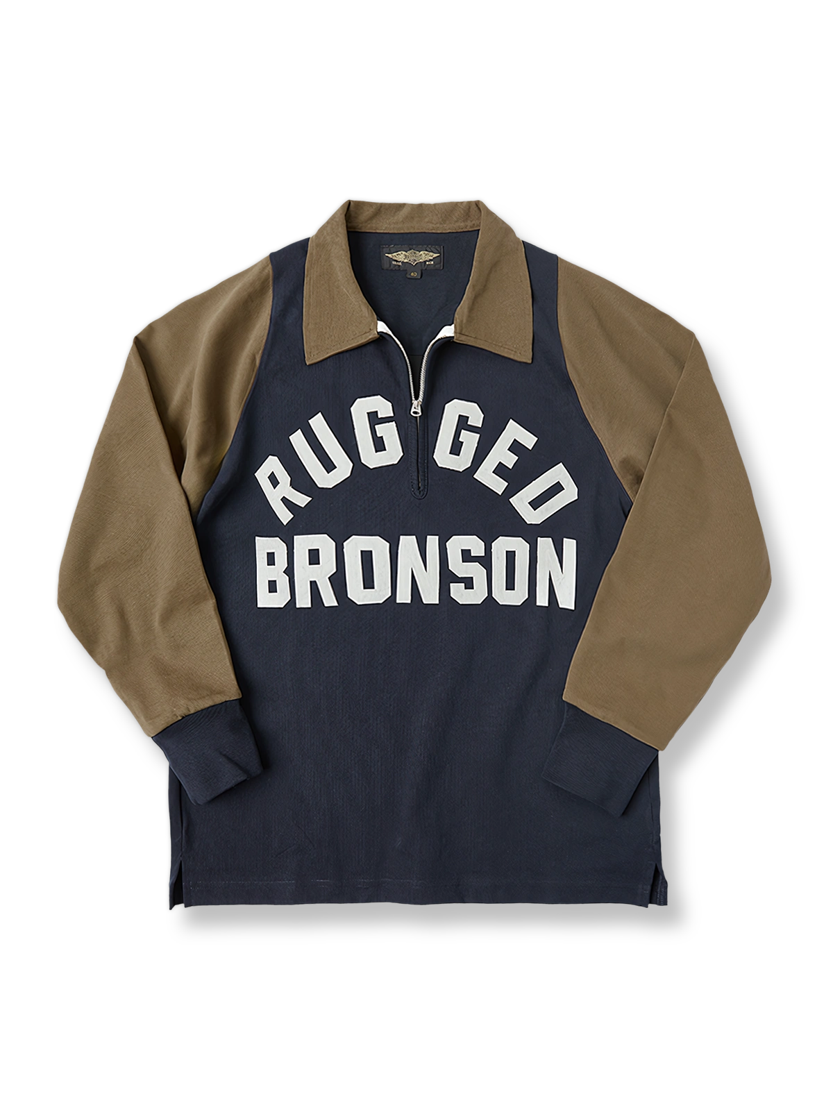 レトロモーターサイクルレース長袖Tシャツ全体像、ツートンカラーデザインとTalonジッパーを強調しています。