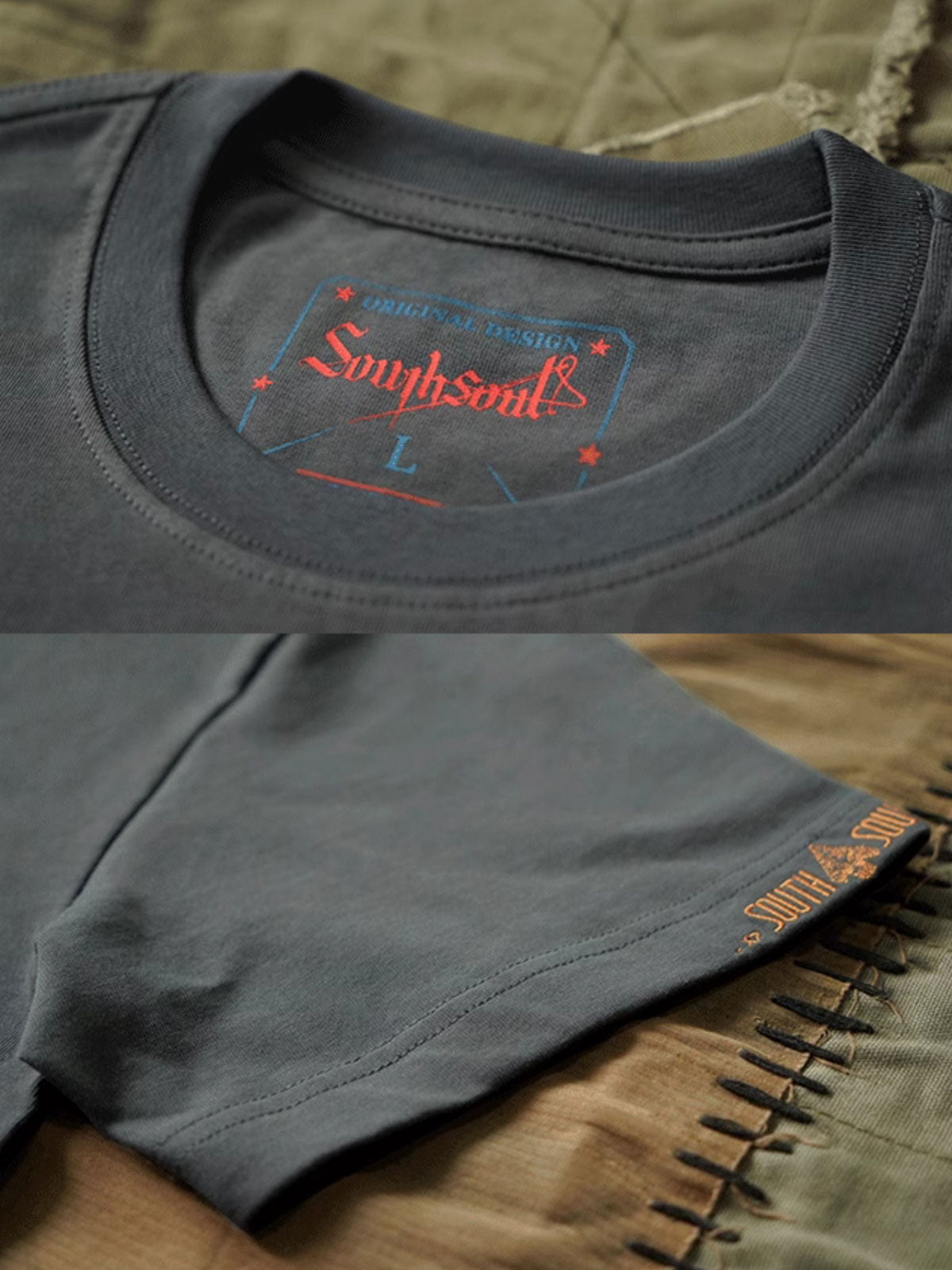 ディテールクローズアップ:精梳綿刺繍ラウンドネックTシャツの首元の刺繍ディテール、滑らかで柔らかな精梳綿素材