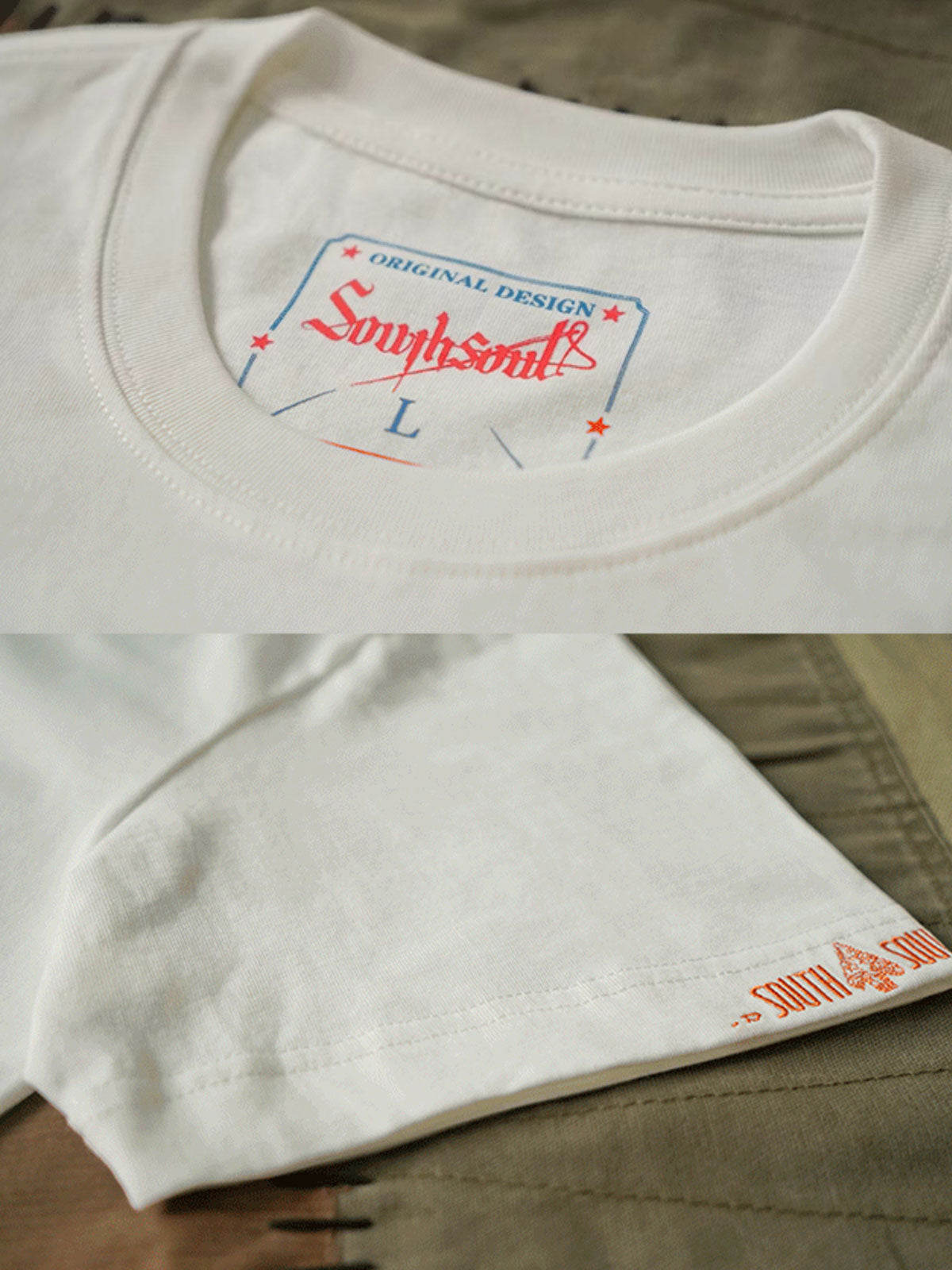 ディテールクローズアップ:精梳綿刺繍ラウンドネックTシャツの首元の刺繍ディテール、滑らかで柔らかな精梳綿素材