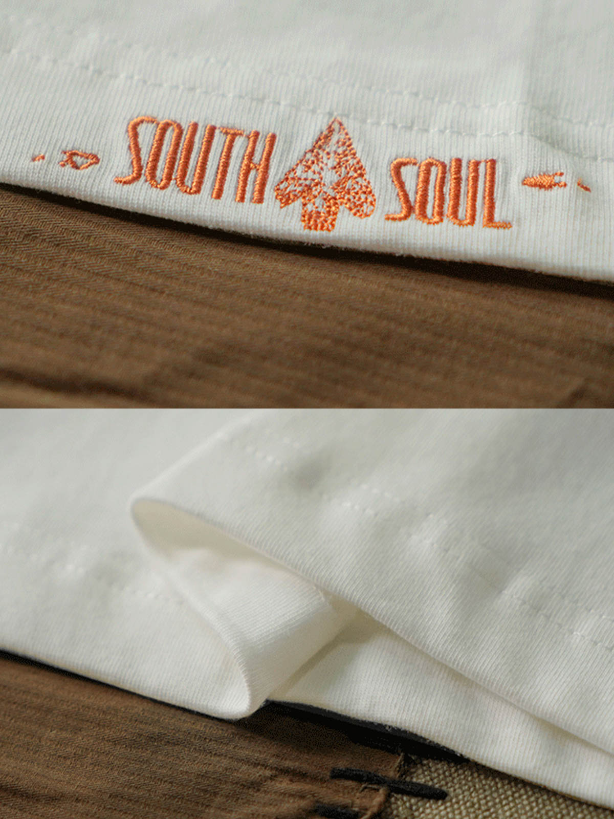 ディテールクローズアップ:精梳綿刺繍ラウンドネックTシャツの首元の刺繍ディテール、滑らかで柔らかな精梳綿素材