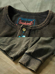 花柄刺繍入り ヘンリーネック 長袖Tシャツ