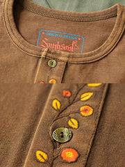 花柄刺繍入り ヘンリーネック 長袖Tシャツ