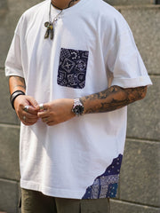 ペイズリーパッチワークポケット付き半袖Tシャツ