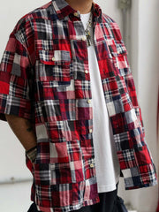 ヒャクヤ布パッチワークリラックス半袖チェックシャツ