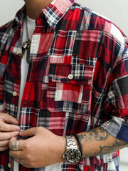 ヒャクヤ布パッチワークリラックス半袖チェックシャツ