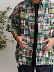 ヒャクヤ布パッチワークリラックス半袖チェックシャツ