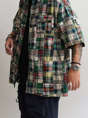 ヒャクヤ布パッチワークリラックス半袖チェックシャツ