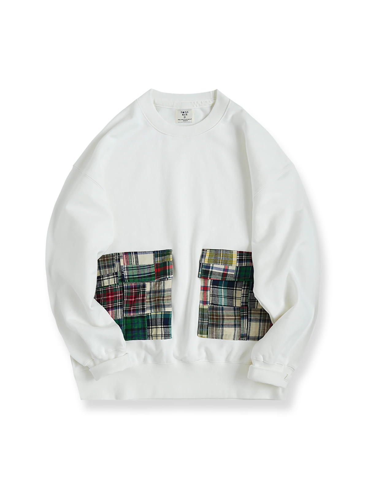 製品画像: ヴィンテージスタイルのヒャクヤ布パッチ多ポケットルーズショルダーラウンドネックスウェットの全体展示