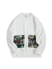 製品画像: ヴィンテージスタイルのヒャクヤ布パッチ多ポケットルーズショルダーラウンドネックスウェットの全体展示