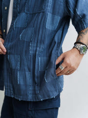 ヒャクヤブパッチワークデザイン半袖チェックシャツ