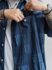 ヒャクヤブパッチワークデザイン半袖チェックシャツ