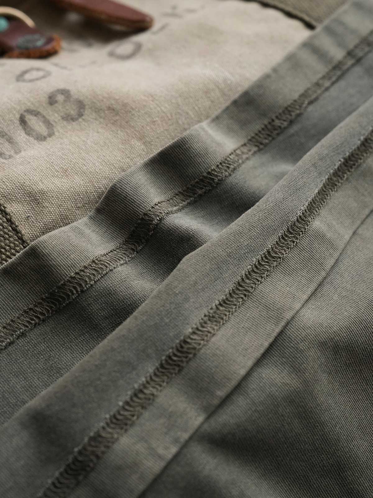 製品画像
ヴィンテージ蝋染めスウェットシャツ正面デザイン。グレイッシュグリーンやデニムブルーなどの植物染料で仕上げた深みのある色合いと、ルーズフィットのシルエットが特徴。日本伝統の蝋染め技法によるユニークな色彩表現が際立つ一着
詳細画像
ネックライン周辺の精密な3cmあたり18針ステッチと、蝋染め加工で生まれる独特な色彩の層次感を特写。二重構造の肩テープとサイドステッチのディテールが、耐久性と快適な着心地を提供する仕上がり