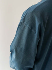 製品画像
ヴィンテージ蝋染めスウェットシャツ正面デザイン。グレイッシュグリーンやデニムブルーなどの植物染料で仕上げた深みのある色合いと、ルーズフィットのシルエットが特徴。日本伝統の蝋染め技法によるユニークな色彩表現が際立つ一着
詳細画像
ネックライン周辺の精密な3cmあたり18針ステッチと、蝋染め加工で生まれる独特な色彩の層次感を特写。二重構造の肩テープとサイドステッチのディテールが、耐久性と快適な着心地を提供する仕上がり