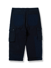 製品画像
「藍染め パッチワーク 刺し子 カーゴパンツ全体イメージ。剣道着の生地を使用し、不規則な刺し子パッチワークデザインとヴィンテージ感が特徴。」
詳細画像
「剣道着に使用される藍染め生地と刺し子の不規則なパッチワークディテール。酵素ウォッシュ加工による自然な色褪せ感と奥行きのあるテクスチャーが魅力。」