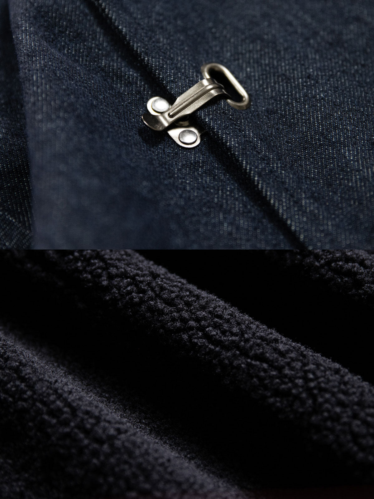 製品画像
スウェーデン デニム バイカージャケット全体展示図。13oz重厚デニムとシープスキン型の内側が特徴的な、冬のミリタリーレトロスタイルジャケット。
詳細画像
デッキフックとスウェードラベルのディテールクローズアップ。海軍スタイルのボタンとレトロなデザインがミリタリー感を際立たせる。