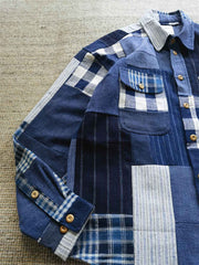 藍染め 布コンビ長袖シャツ