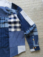 藍染め 布コンビ長袖シャツ