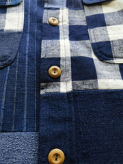 藍染め 布コンビ長袖シャツ