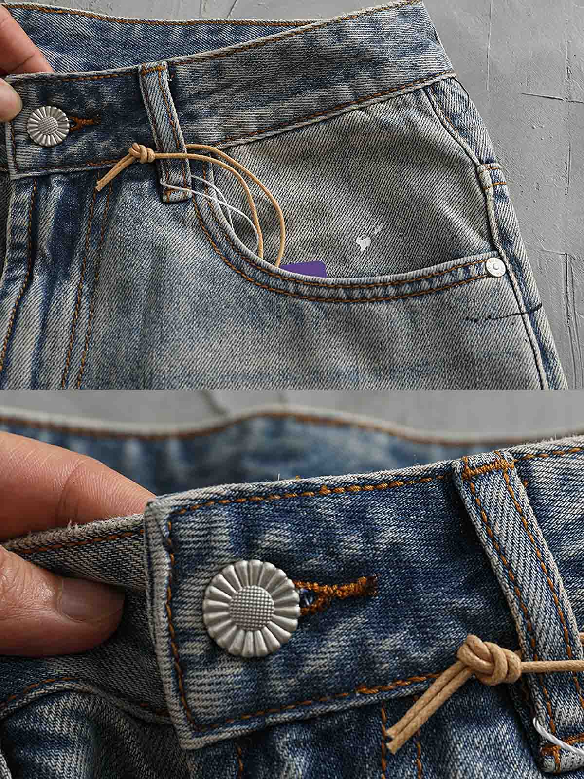 デニムパンツのダメージとパッチワークのディテール