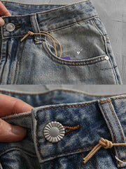 デニムパンツのダメージとパッチワークのディテール