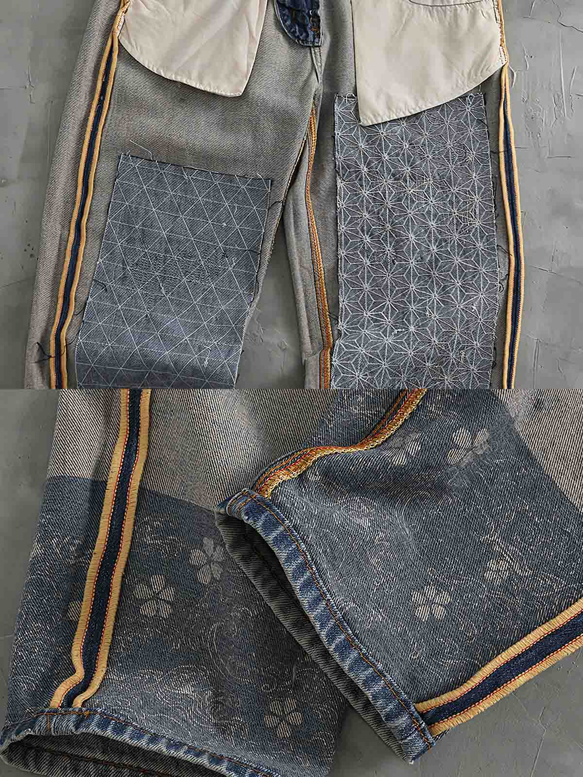 デニムパンツのダメージとパッチワークのディテール