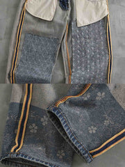 デニムパンツのダメージとパッチワークのディテール