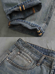 デニムパンツのダメージとパッチワークのディテール