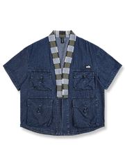 多ポケット デニム はんてん風 半袖ジャケット