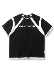 コントラストカラー パッチワーク プリントTシャツ