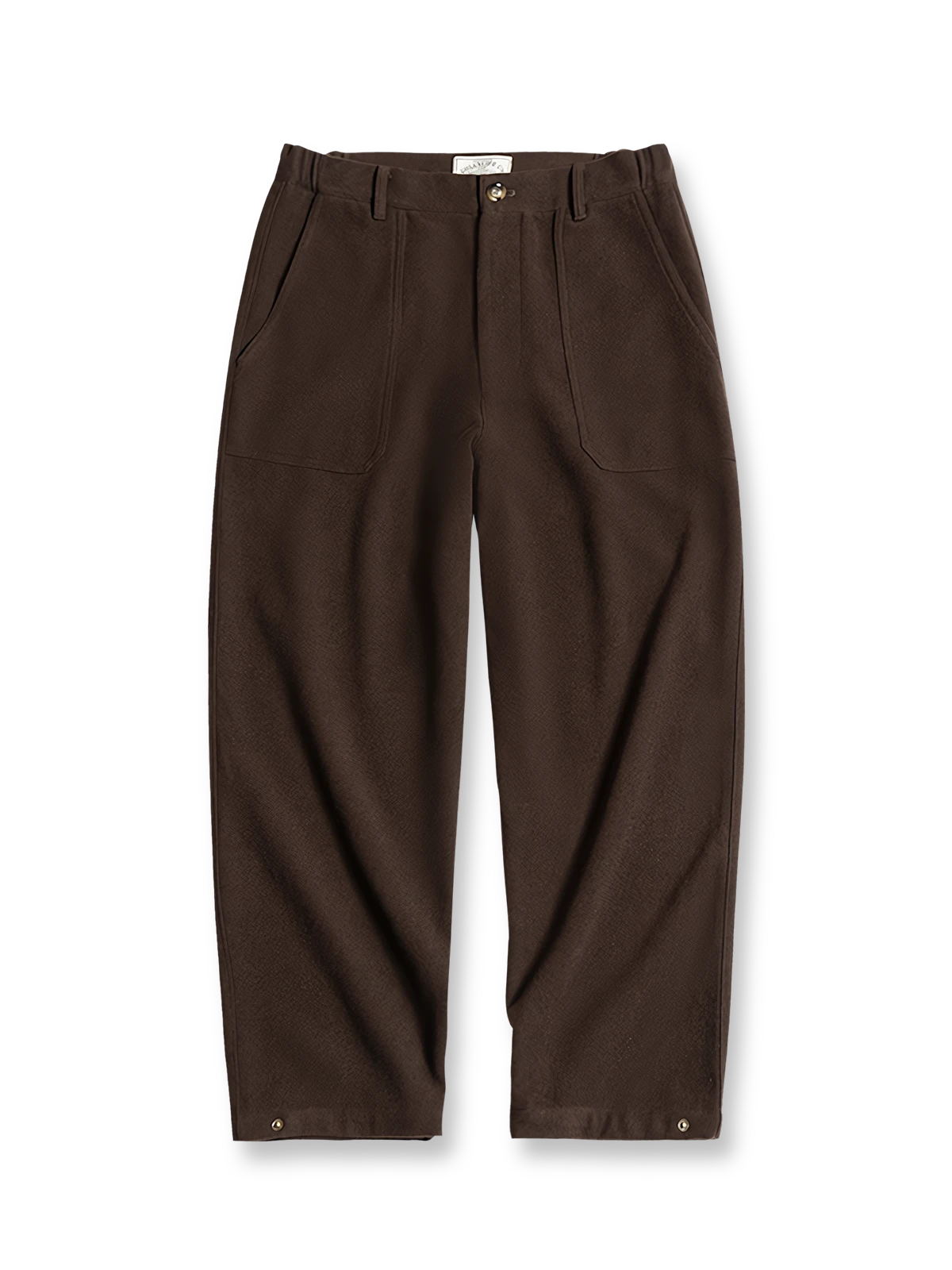 製品画像: ラシャ素材使用のヴィンテージリラックスパンツ ラシャスラックス メンズ 冬 正面画像
詳細画像: ウエストゴム仕様とスナップボタン付き裾のディテールアップ画像