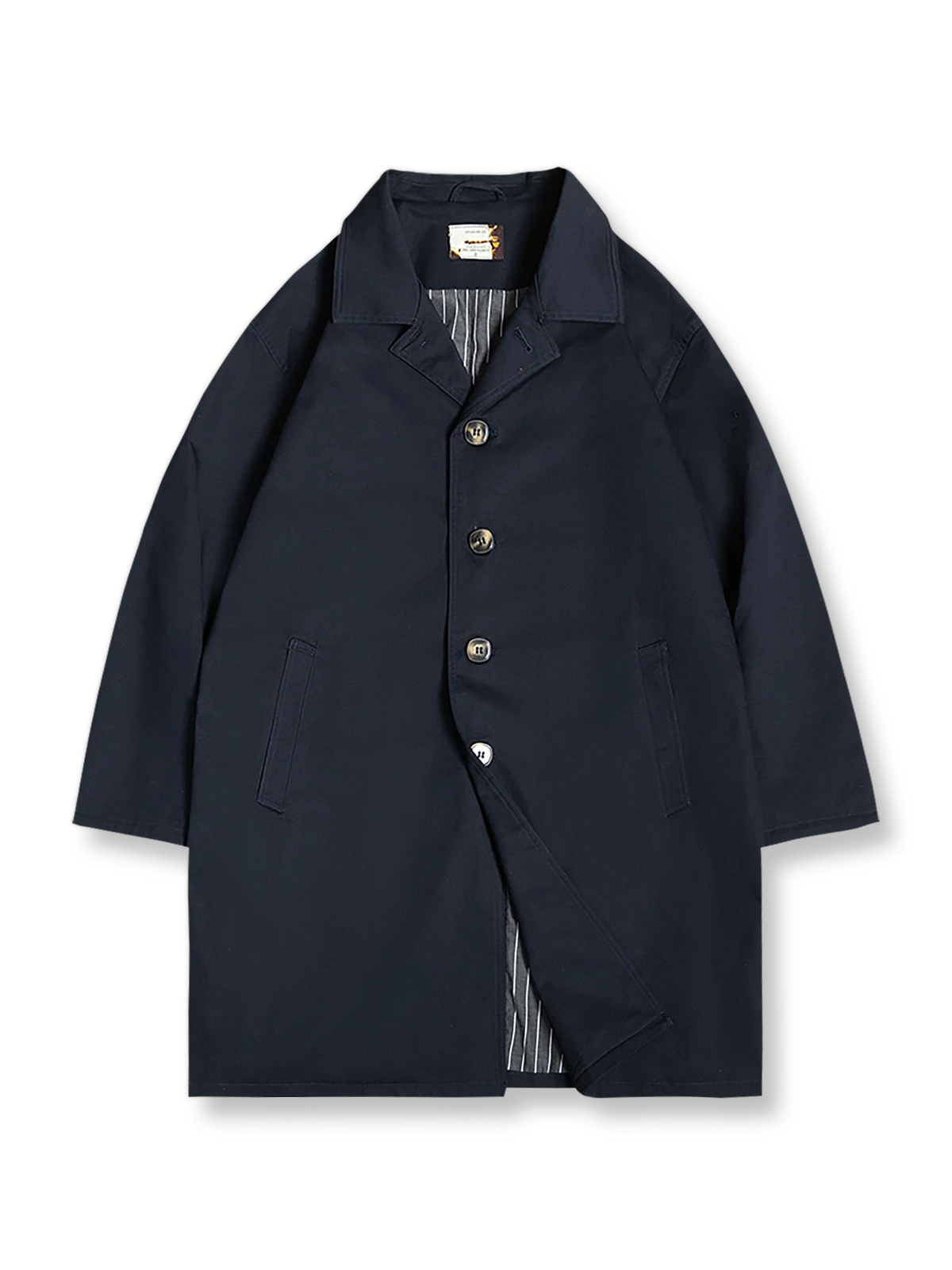 製品画像: ヴィンテージ風 ネイビー バルマカーン ロングコート 正面
詳細画像: 重厚なコットンツイル生地、クラシックなボタン、映画『ジェントルメン』風 ディテール