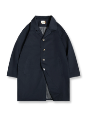 製品画像: ヴィンテージ風 ネイビー バルマカーン ロングコート 正面
詳細画像: 重厚なコットンツイル生地、クラシックなボタン、映画『ジェントルメン』風 ディテール