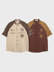 パッチワークとストライプが特徴のベースボールシャツ。