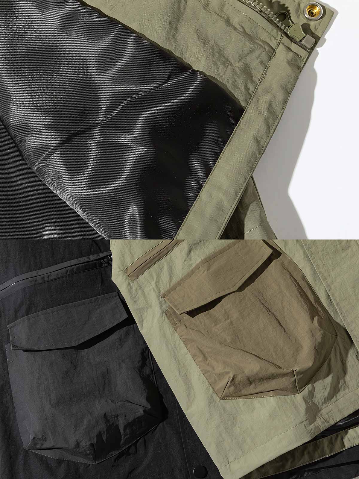 製品画像
「多機能ポケットデザインのアウトドアジャケット全体展示図。実用性とファッション性を兼ね備えたシルエットで、さまざまなシーンに対応可能な一着。」
詳細画像
「襟元のスナップボタンと斜めジッパーポケットのディテール特写。デザイン性と実用性を両立させたディテールが目を引きます。」