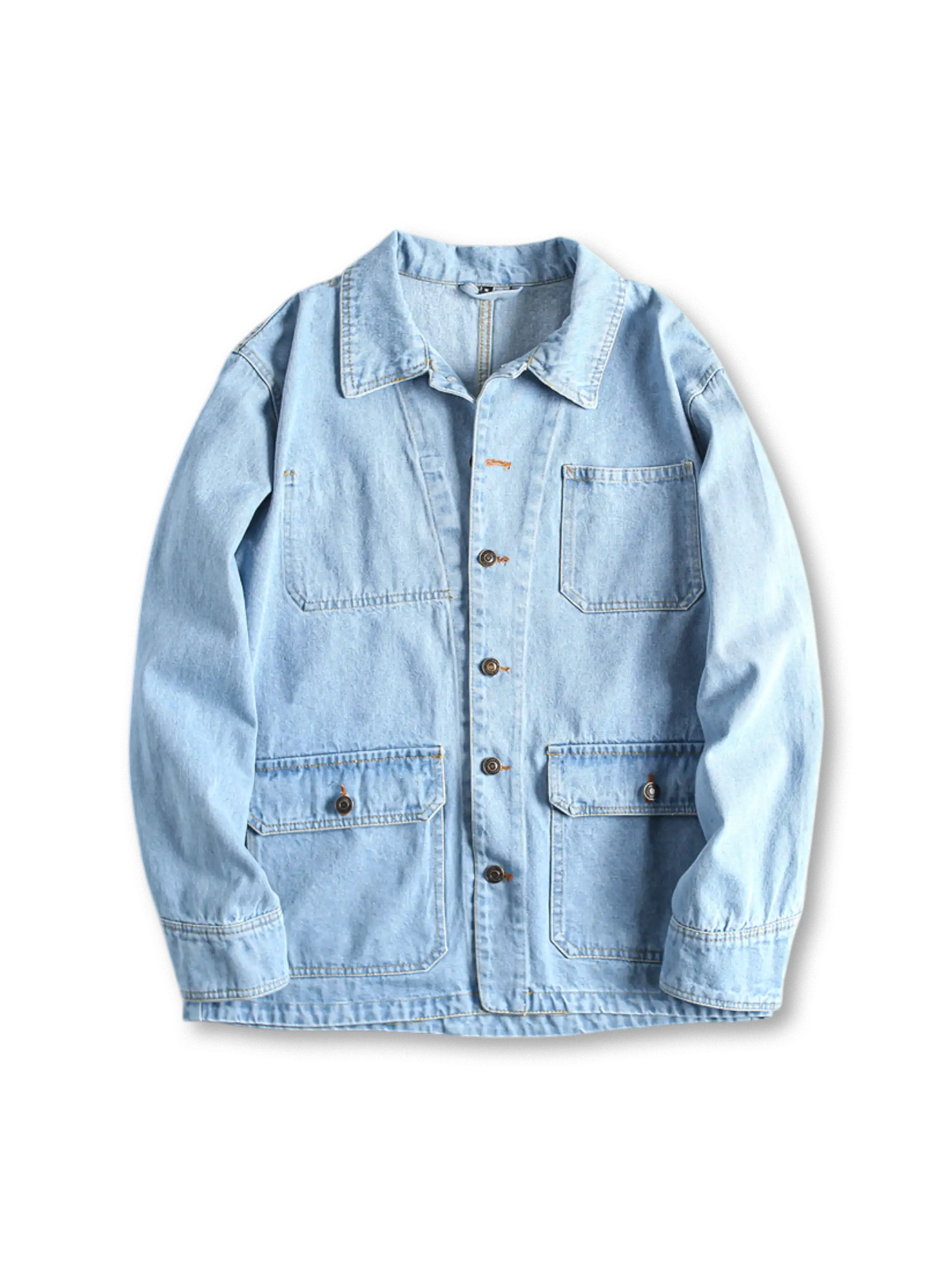 ウォッシュ加工のデニムジャケット、多ポケット付き
