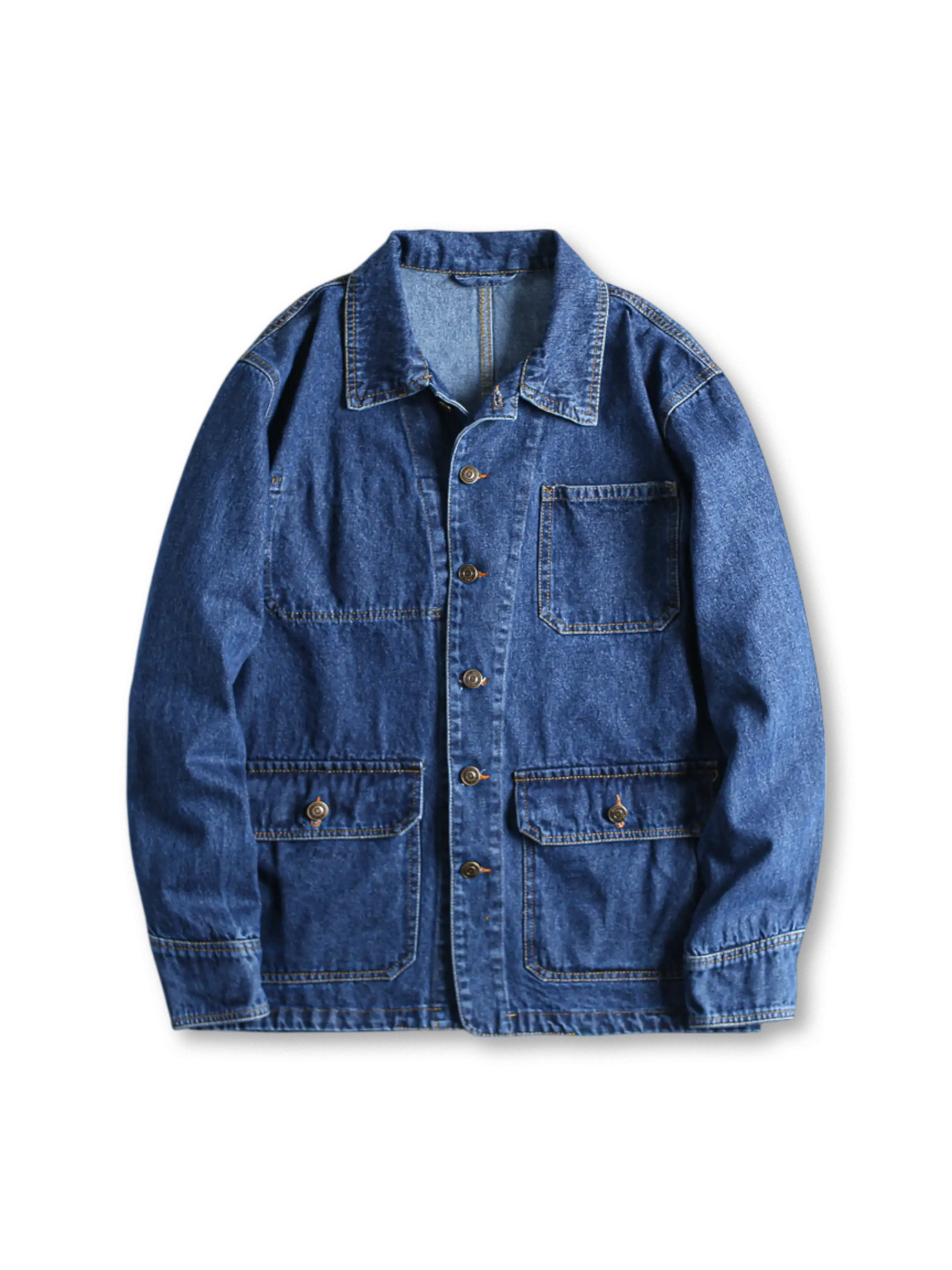 ウォッシュ加工のデニムジャケット、多ポケット付き