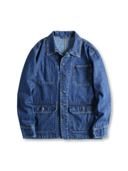 ウォッシュ加工のデニムジャケット、多ポケット付き