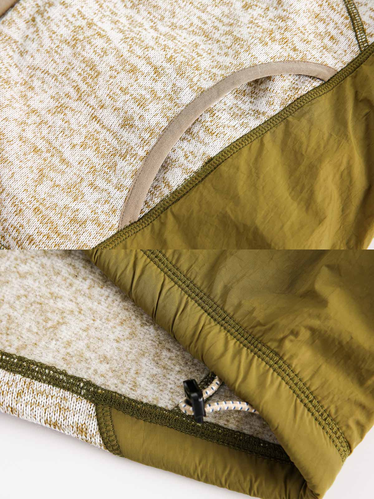 製品画像
「ミニマルなパッチワークデザインと高性能素材が融合したパッチワークヘビージャケットの全体展示画像。保温性、防風性を備え、寒冷な天候でも軽やかに対応できるデザインが特徴。」
詳細画像
「ジッパーポケットとパッチワークデザインのディテール特写。袖部分のジッパーポケットが実用性を高め、ダブルジッパー仕様により着脱が容易で、視覚的なアクセントとしてバイカラーのパッチワークが際立つ。」