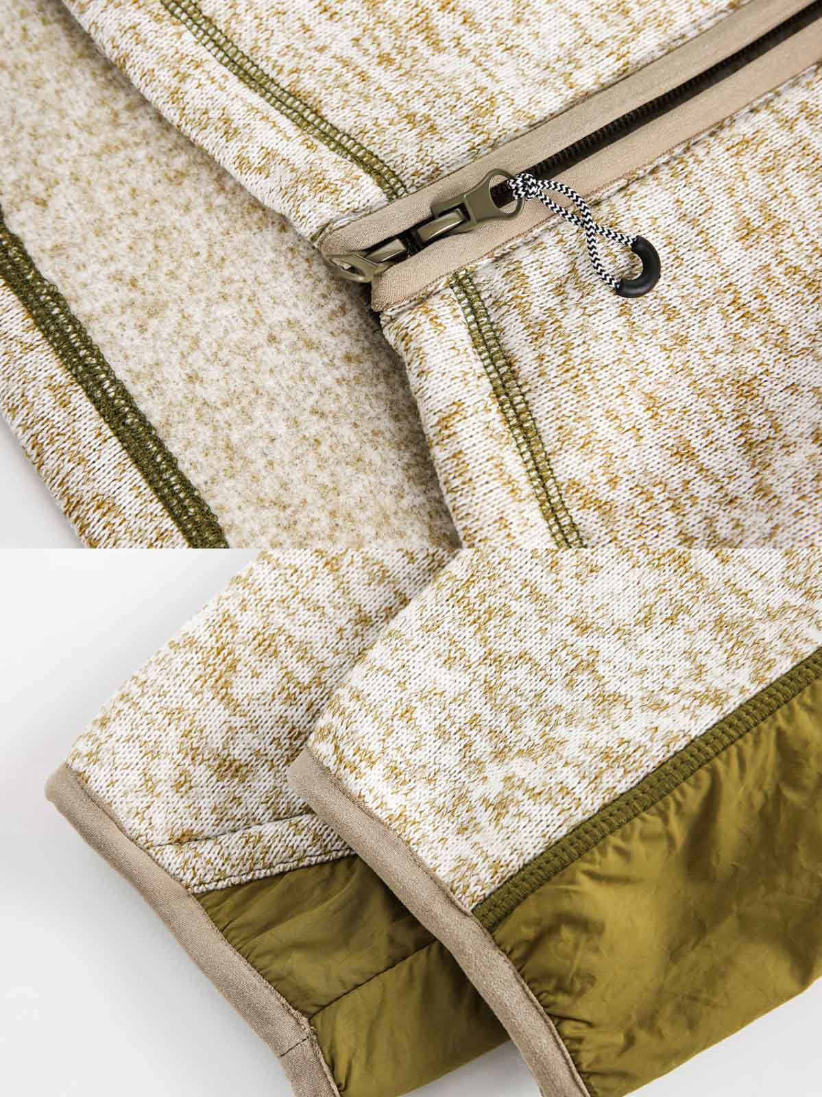 製品画像
「ミニマルなパッチワークデザインと高性能素材が融合したパッチワークヘビージャケットの全体展示画像。保温性、防風性を備え、寒冷な天候でも軽やかに対応できるデザインが特徴。」
詳細画像
「ジッパーポケットとパッチワークデザインのディテール特写。袖部分のジッパーポケットが実用性を高め、ダブルジッパー仕様により着脱が容易で、視覚的なアクセントとしてバイカラーのパッチワークが際立つ。」