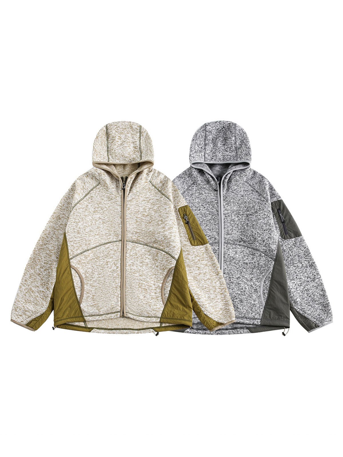 製品画像
「ミニマルなパッチワークデザインと高性能素材が融合したパッチワークヘビージャケットの全体展示画像。保温性、防風性を備え、寒冷な天候でも軽やかに対応できるデザインが特徴。」
詳細画像
「ジッパーポケットとパッチワークデザインのディテール特写。袖部分のジッパーポケットが実用性を高め、ダブルジッパー仕様により着脱が容易で、視覚的なアクセントとしてバイカラーのパッチワークが際立つ。」