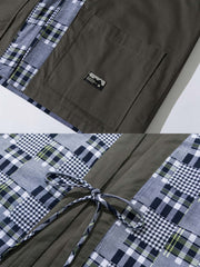 製品画像: リバーシブル チェック柄 はんてん。クラシックなチェック柄と無地デザインを組み合わせた、多用途で実用的なはんてんの全体展示図。
詳細画像: ヴィンテージ感あふれるチェック柄のディテールと、実用性を高めるウエストのドローコードデザインのクローズアップ。