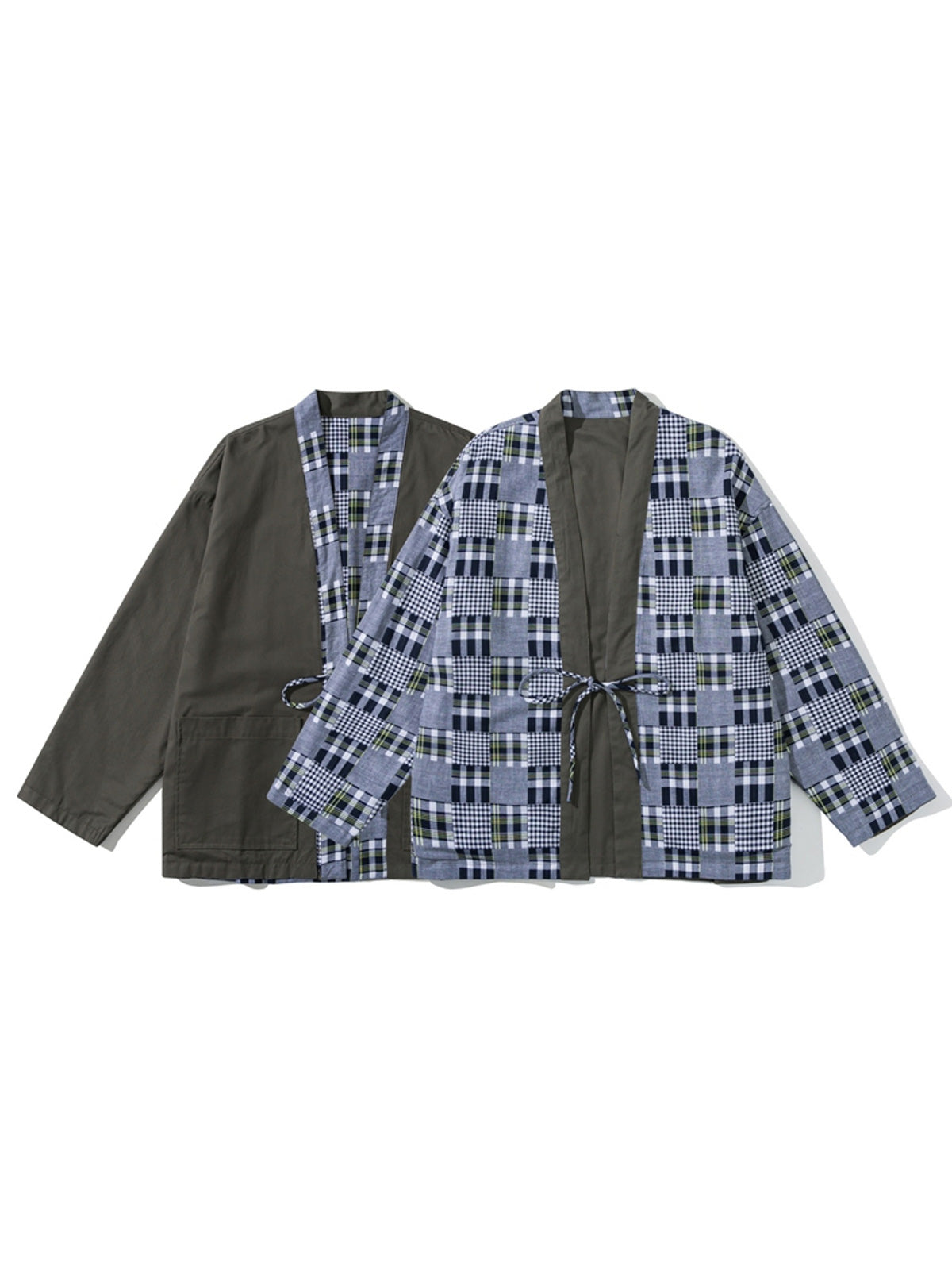 製品画像: リバーシブル チェック柄 はんてん。クラシックなチェック柄と無地デザインを組み合わせた、多用途で実用的なはんてんの全体展示図。
詳細画像: ヴィンテージ感あふれるチェック柄のディテールと、実用性を高めるウエストのドローコードデザインのクローズアップ。