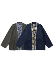 製品画像: リバーシブル チェック柄 はんてん。クラシックなチェック柄と無地デザインを組み合わせた、多用途で実用的なはんてんの全体展示図。
詳細画像: ヴィンテージ感あふれるチェック柄のディテールと、実用性を高めるウエストのドローコードデザインのクローズアップ。