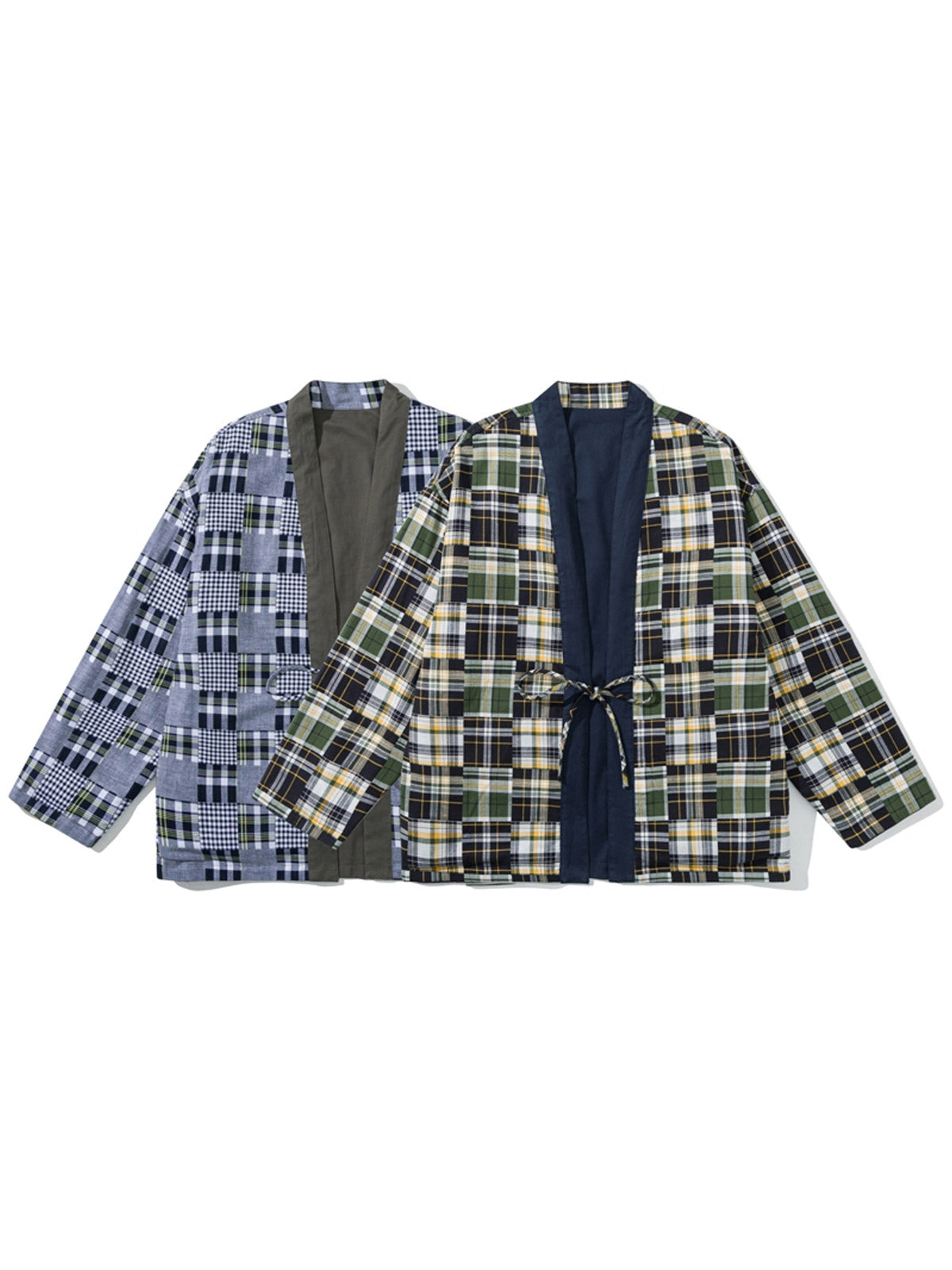 製品画像: リバーシブル チェック柄 はんてん。クラシックなチェック柄と無地デザインを組み合わせた、多用途で実用的なはんてんの全体展示図。
詳細画像: ヴィンテージ感あふれるチェック柄のディテールと、実用性を高めるウエストのドローコードデザインのクローズアップ。